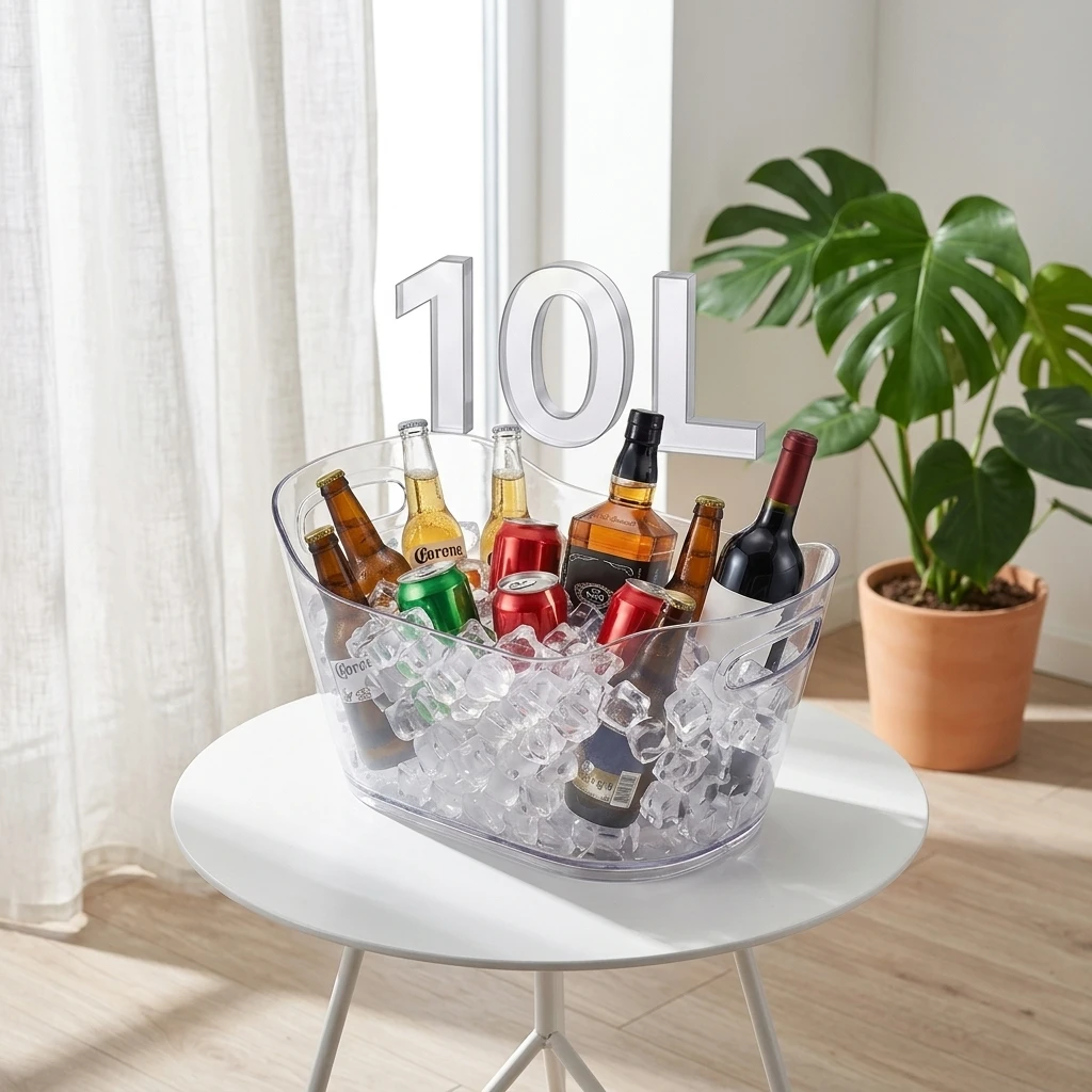 Seau à Glace Transparent PET 10L – Double Poignée, Idéal Camping, Fêtes & Événements