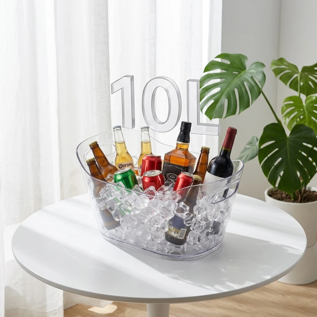 Seau à Glace Transparent PET 10L – Double Poignée, Idéal Camping, Fêtes & Événements