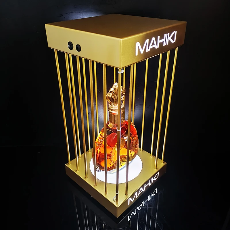 Présentoir à Bouteilles LED Doré – Cage Carrée Lumineuse VIP pour Bar & KTV