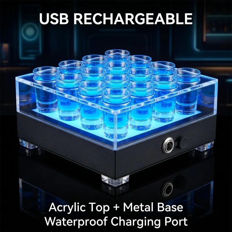 GEMEI GMT4101 – Présentoir LED Acrylique Rechargeable pour Verres à Shot VIP | 12 à 24 Verres