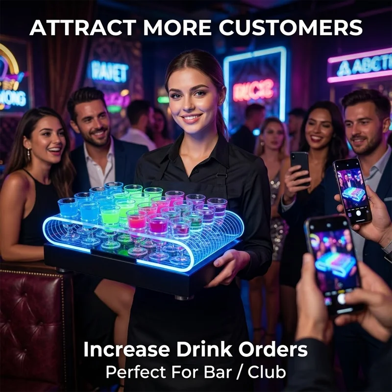 GEMEI GMT4101 – Présentoir LED Acrylique Rechargeable pour Verres à Shot VIP | 12 à 24 Verres