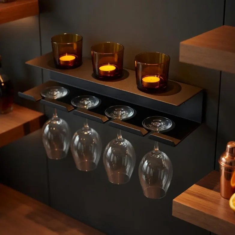 Porte-bouteilles mural en acier – Rangement à vin design moderne, étagère flottante industrielle