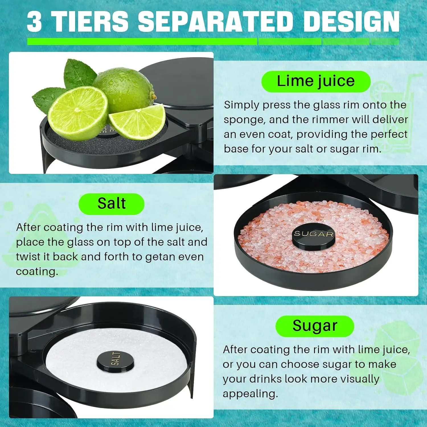 Rimmer à Cocktail 3 Niveaux en Plastique PP – Outil de Barman pour Sel, Sucre & Margaritas