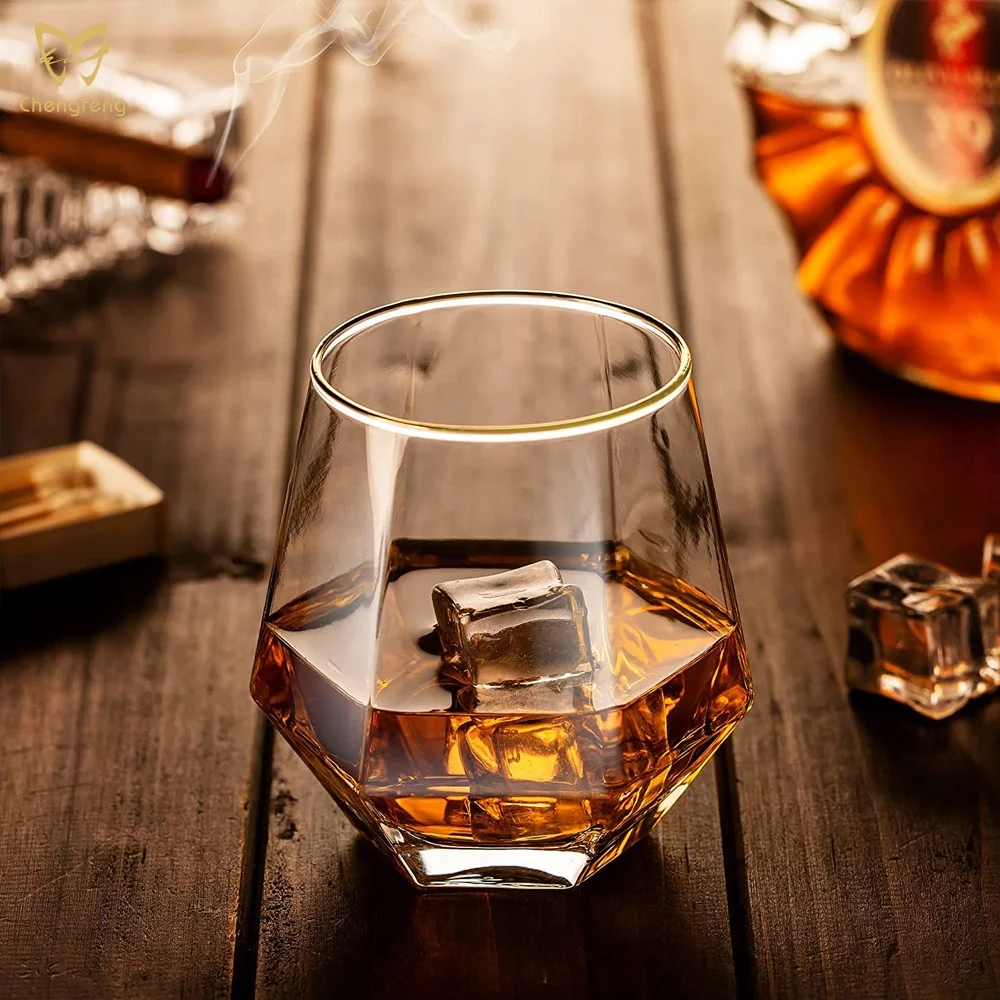Verre à Whisky Diamond Bordure Dorée 300ml – Style Old Fashioned Fait Main