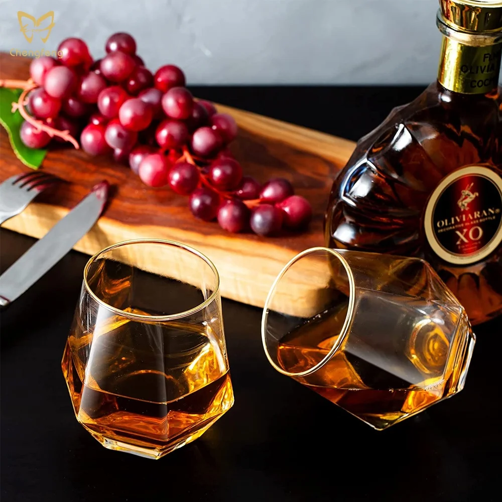 Verre à Whisky Diamond Bordure Dorée 300ml – Style Old Fashioned Fait Main