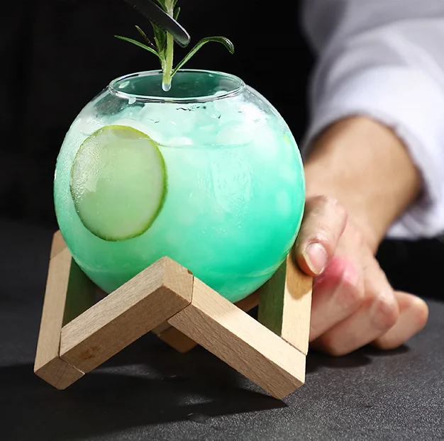 Verre à Cocktail Lune Soufflé Main 475ml avec Support Bois – Élégance Luxe