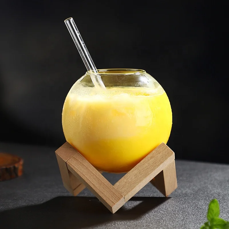 Verre à Cocktail Lune Soufflé Main 475ml avec Support Bois – Élégance Luxe