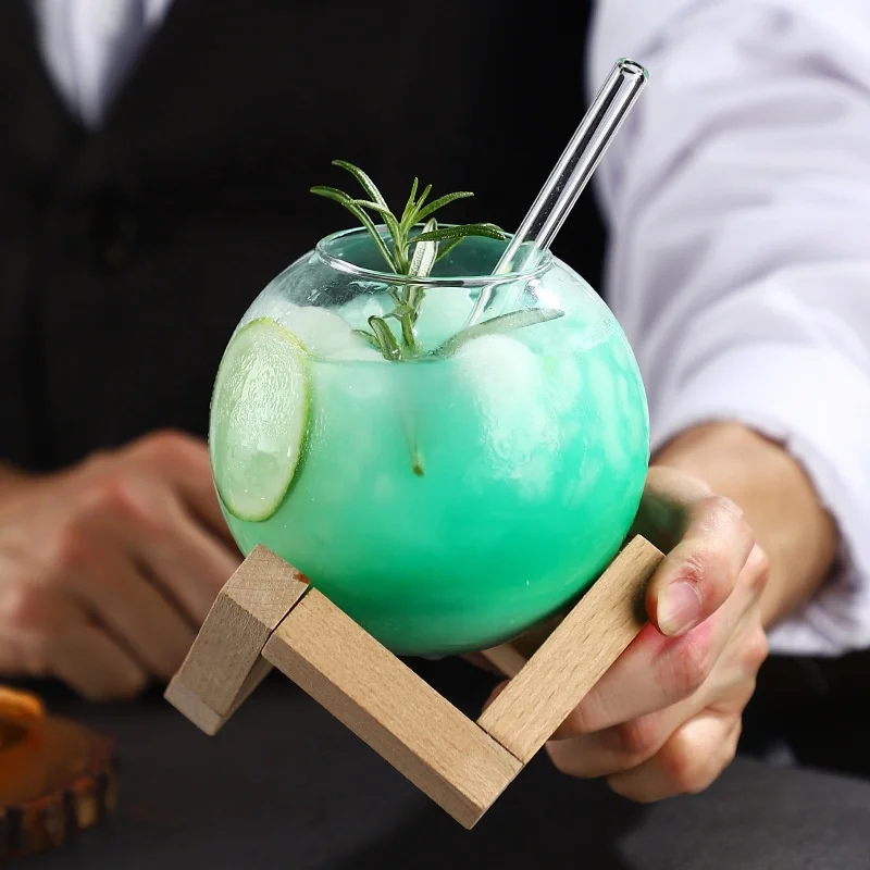 Verre à Cocktail Lune Soufflé Main 475ml avec Support Bois – Élégance Luxe