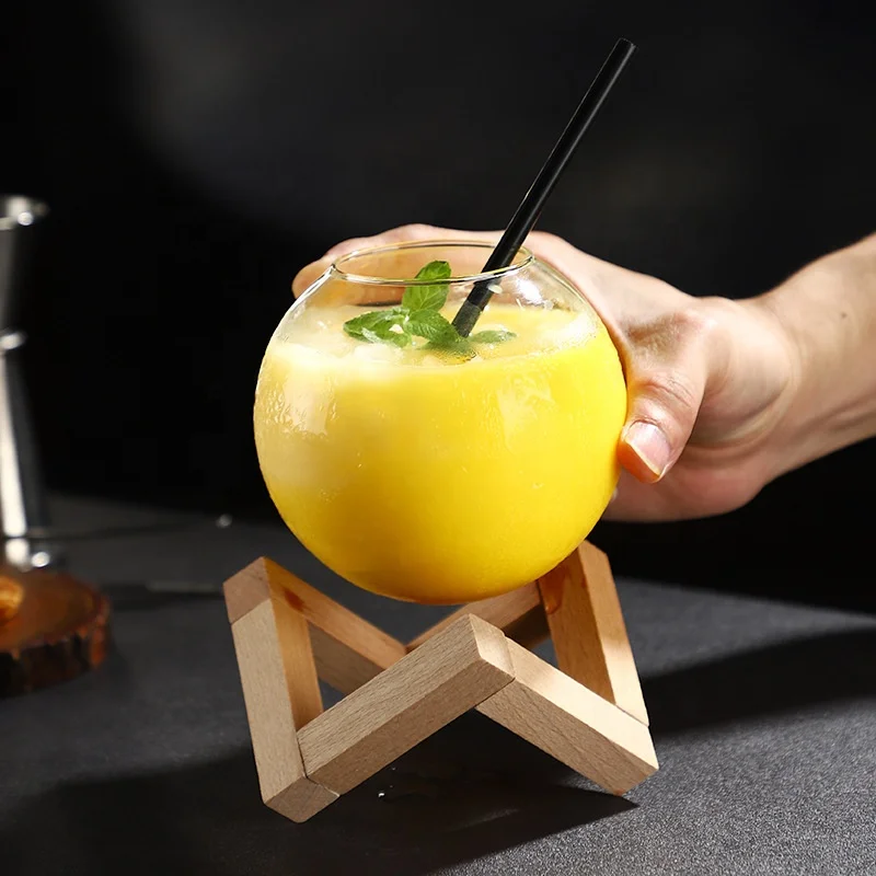Verre à Cocktail Lune Soufflé Main 475ml avec Support Bois – Élégance Luxe