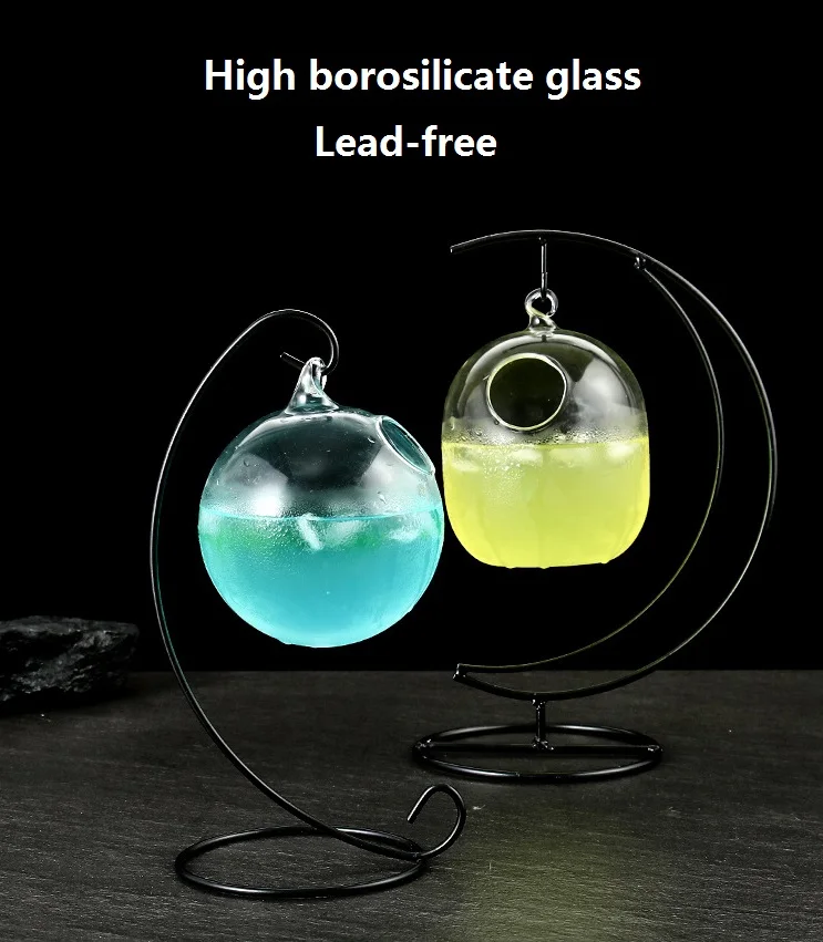 Verre à Cocktail Suspendu en Verre Soufflé avec Support Métallique – Design Créatif 430ml/500ml