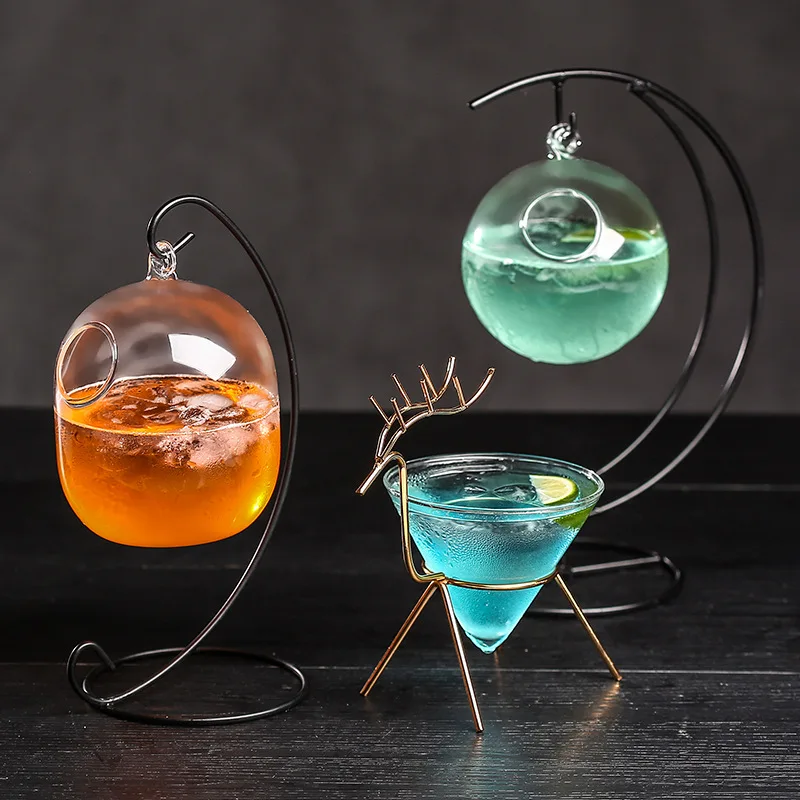 Verre à Cocktail Suspendu en Verre Soufflé avec Support Métallique – Design Créatif 430ml/500ml
