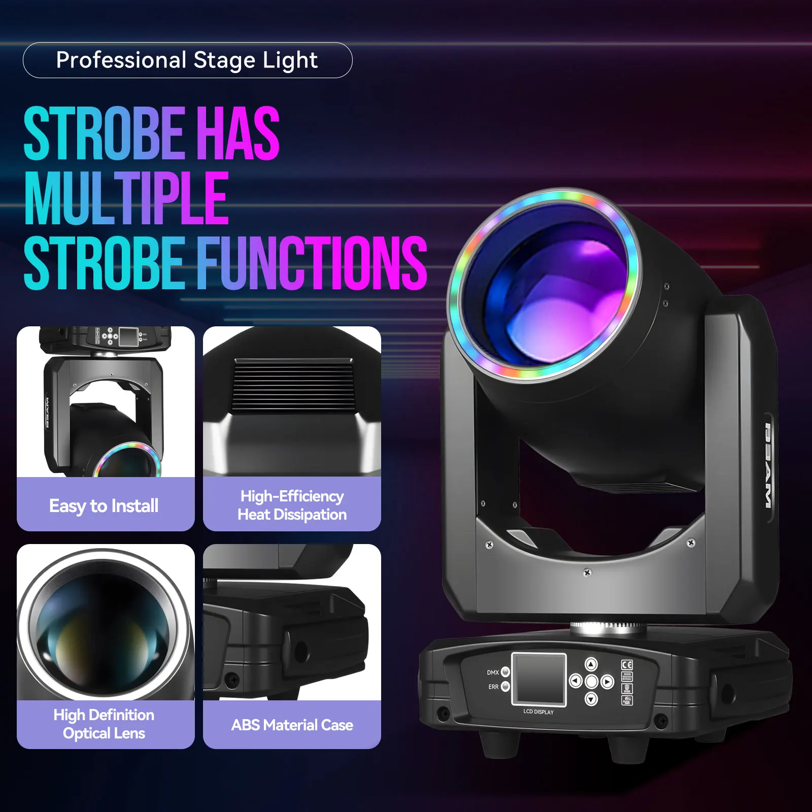 Projecteur Scène Tête Mobile 300W DJ – 48 Prismes, 15 Gobos & Couleurs, DMX512, LED RGBW