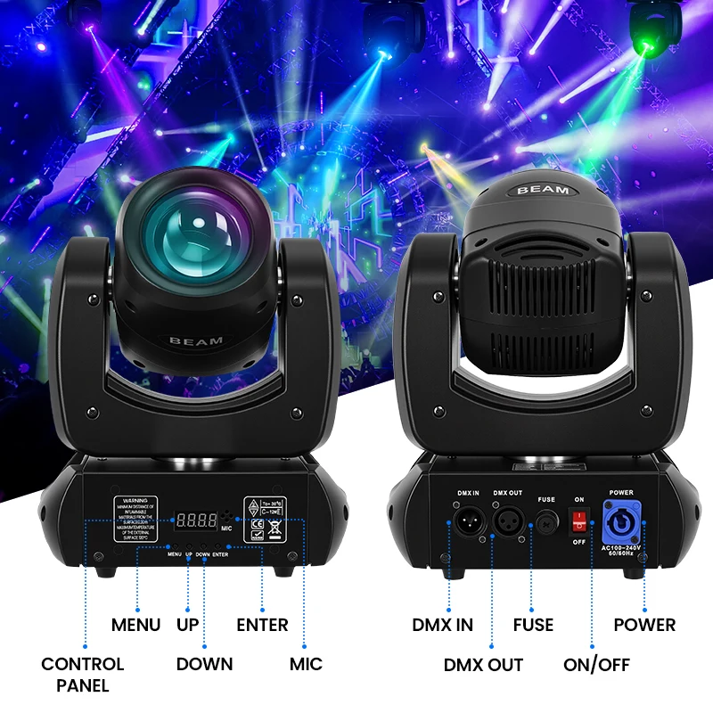 Projecteur Lyre Mobile MINGJIE 120W – Prisme 18 Facettes, 8 Gobos, 8 Couleurs RGBW, DMX512