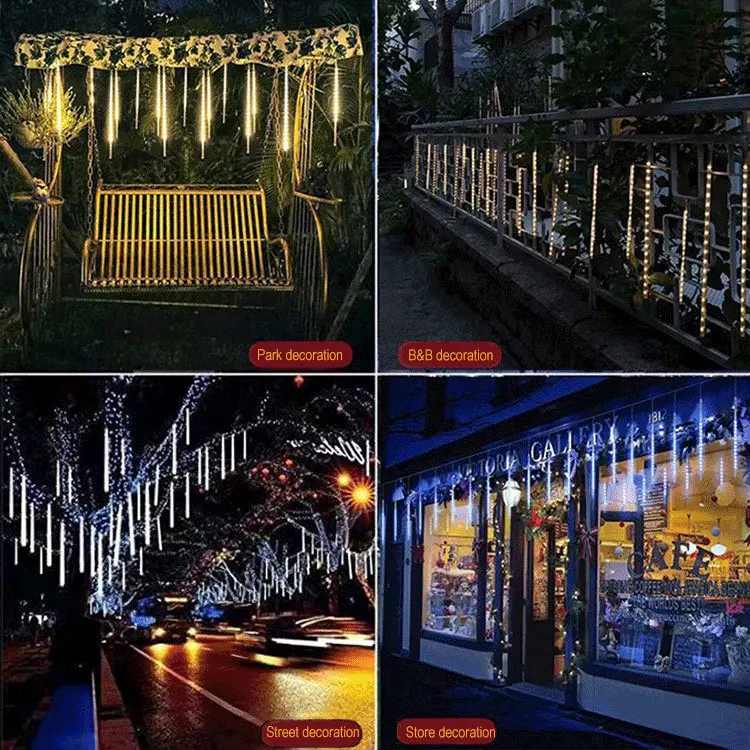 Guirlande Solaire Pluie de Météores 8 Tubes LED Blanc Chaud IP65 – Déco Jardin & Fêtes