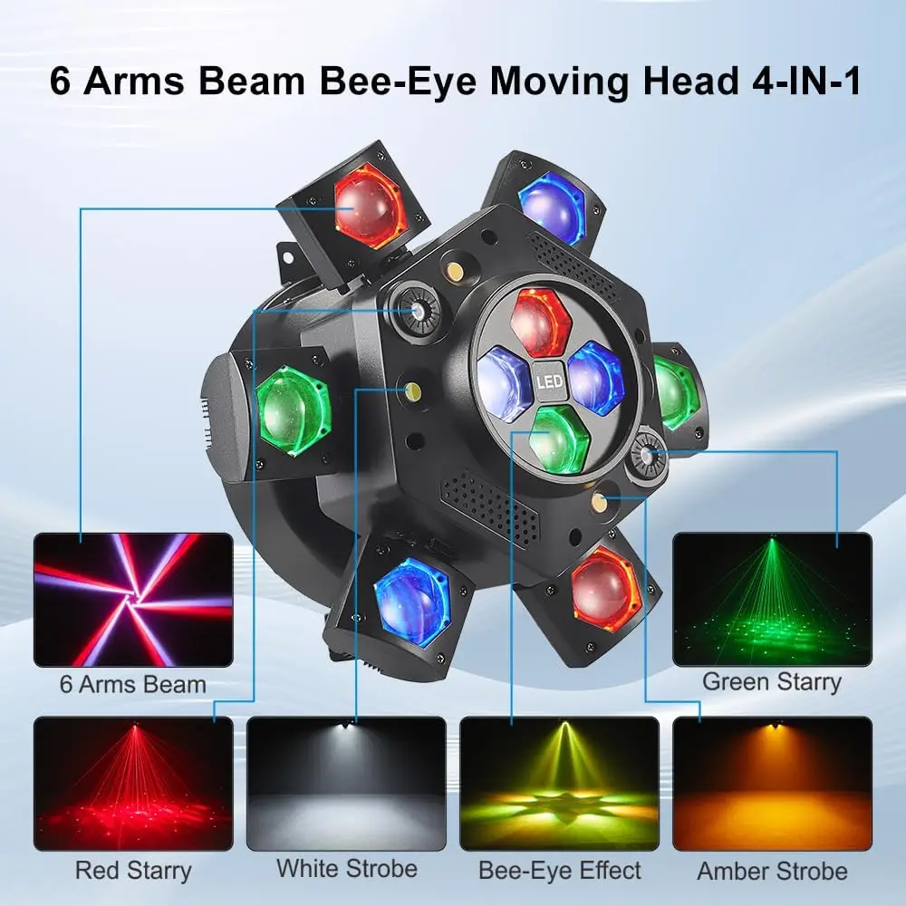 Projecteur DJ Tête Mobile 150W RGBW Laser 6 Bras Effet Abeille DMX512 Scène