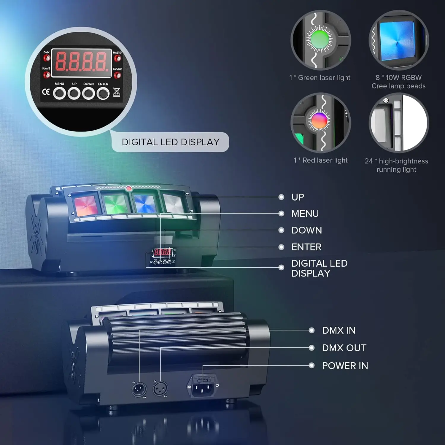 Mini Lyre Araignée LED 8x3W RGBW Tête Mobile DMX-512 | Stroboscope Scène DJ KTV