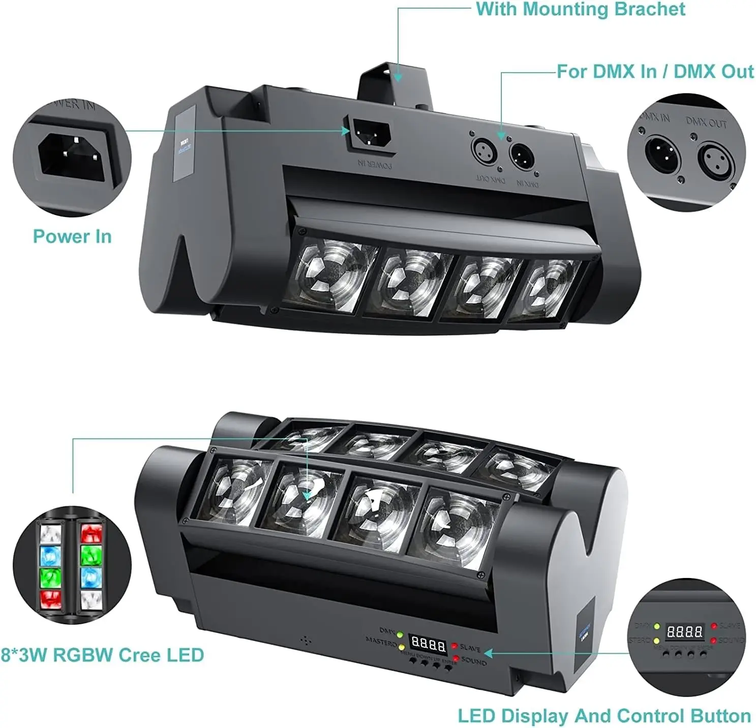 Mini Lyre Araignée LED 8x3W RGBW Tête Mobile DMX-512 | Stroboscope Scène DJ KTV