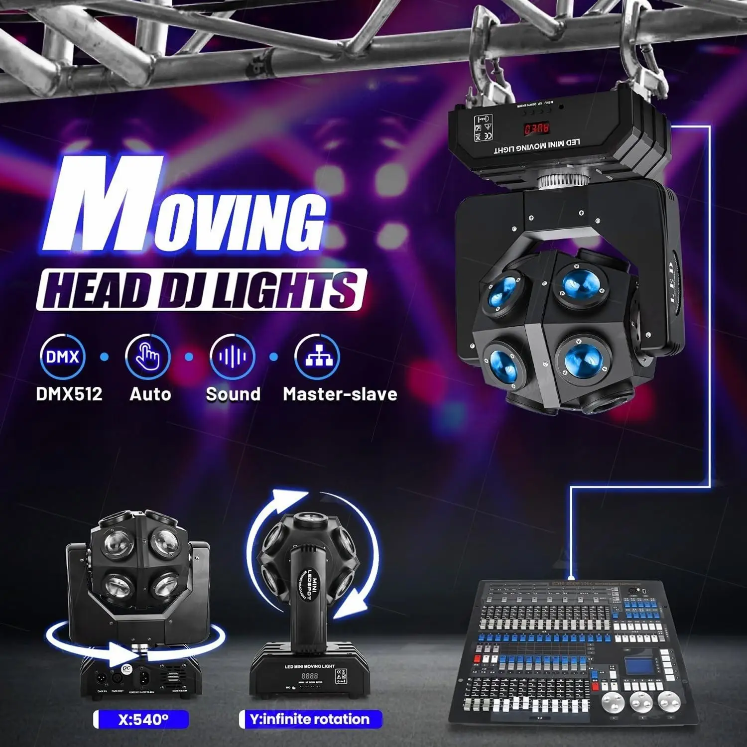 Projecteur LED 4en1 RGBW 120W Tête Mobile DMX512 Disco DJ Scène 540° Stroboscope