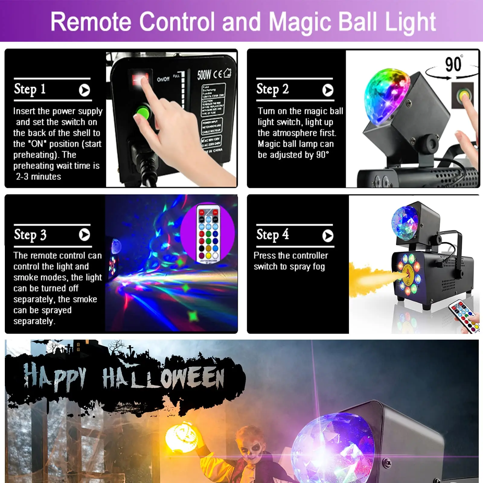 Machine à Fumée 500W avec Boule Disco RGB LED Stroboscopique – Télécommande incluse