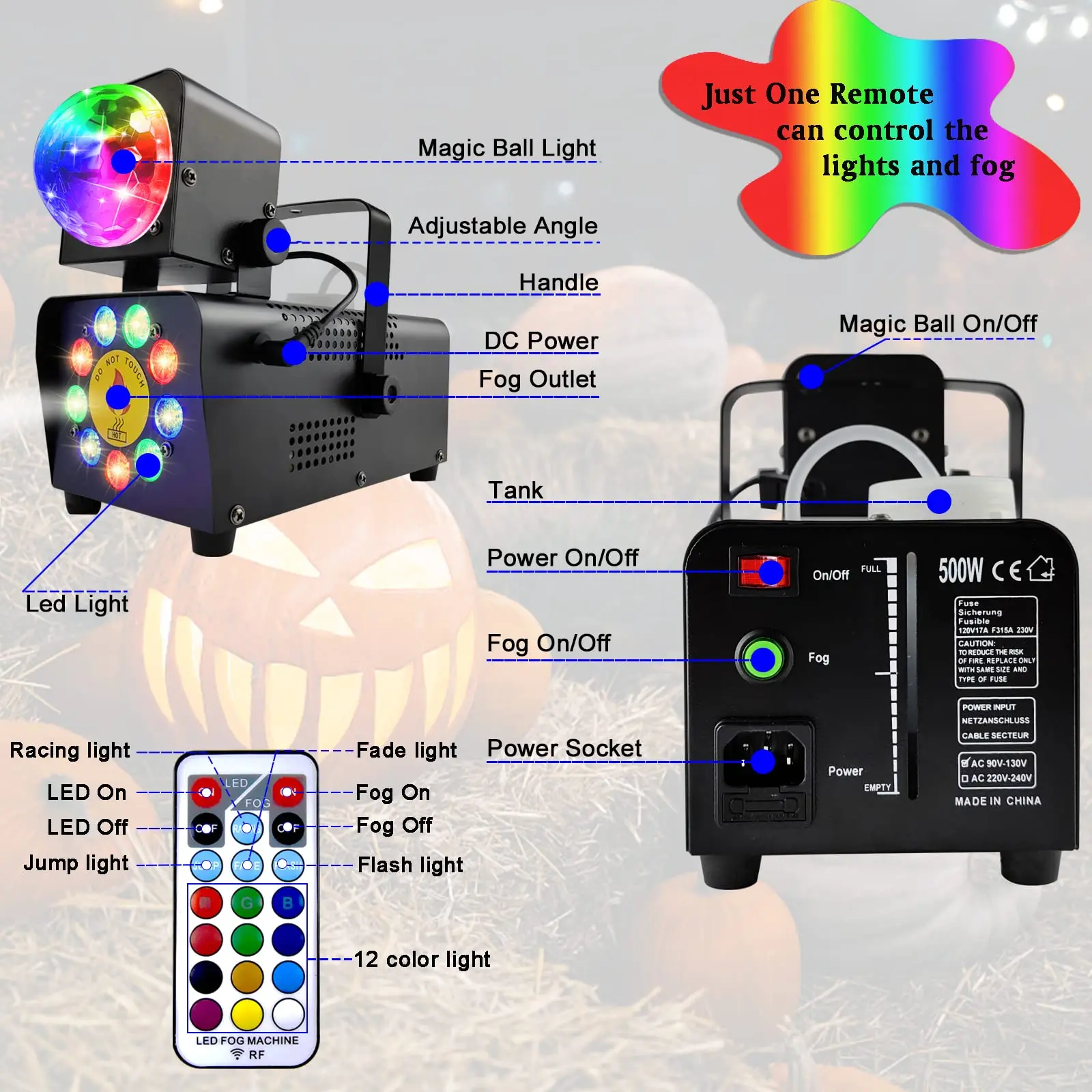Machine à Fumée 500W avec Boule Disco RGB LED Stroboscopique – Télécommande incluse