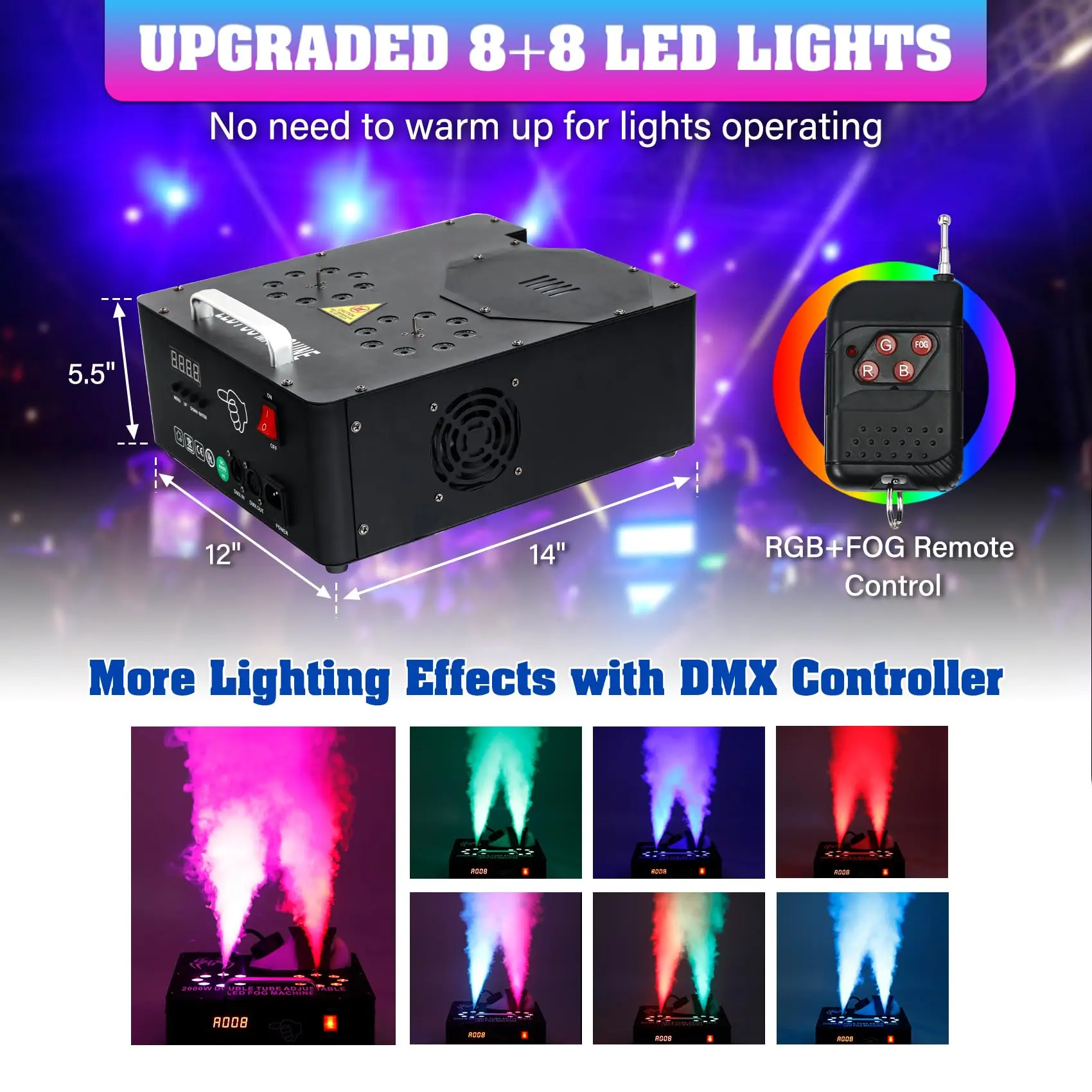 Machine à Fumée 2000W RGB LED Verticale Double Pulvérisation DMX512 Télécommande DJ
