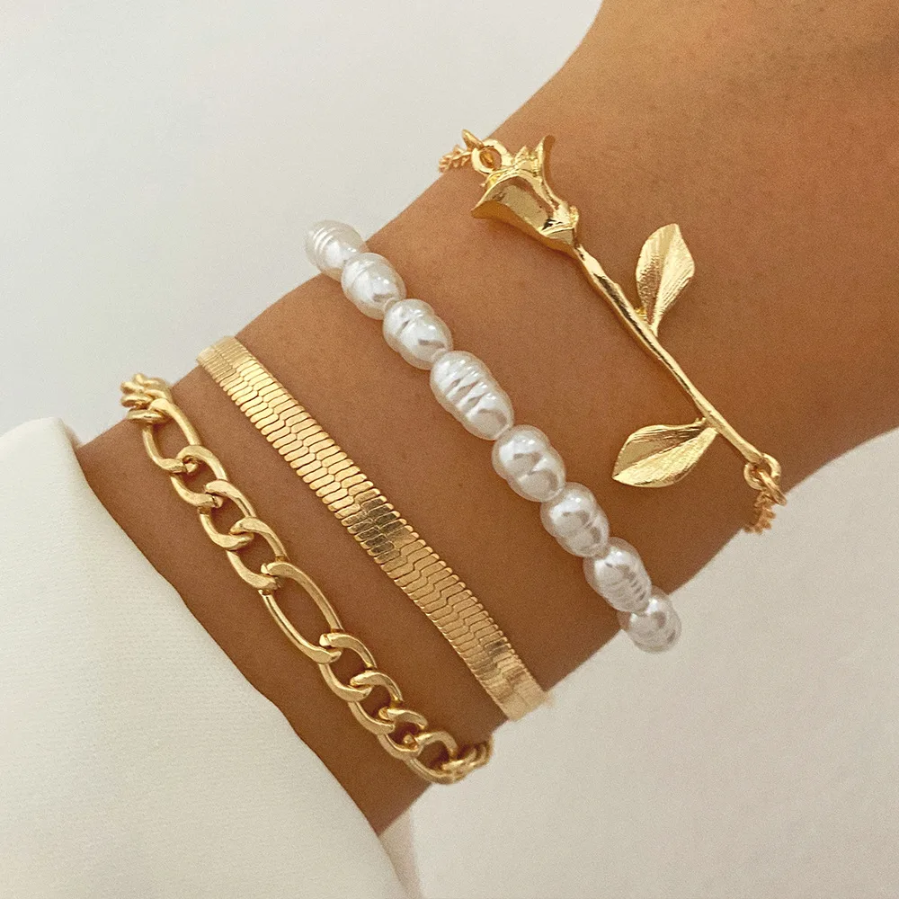 Bracelet Femme Plaqué Or Punk – Jonc, Cœur, Perle, Chaîne Cubaine & Tennis
