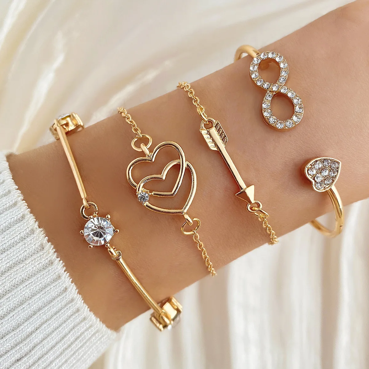 Bracelet Femme Plaqué Or Punk – Jonc, Cœur, Perle, Chaîne Cubaine & Tennis