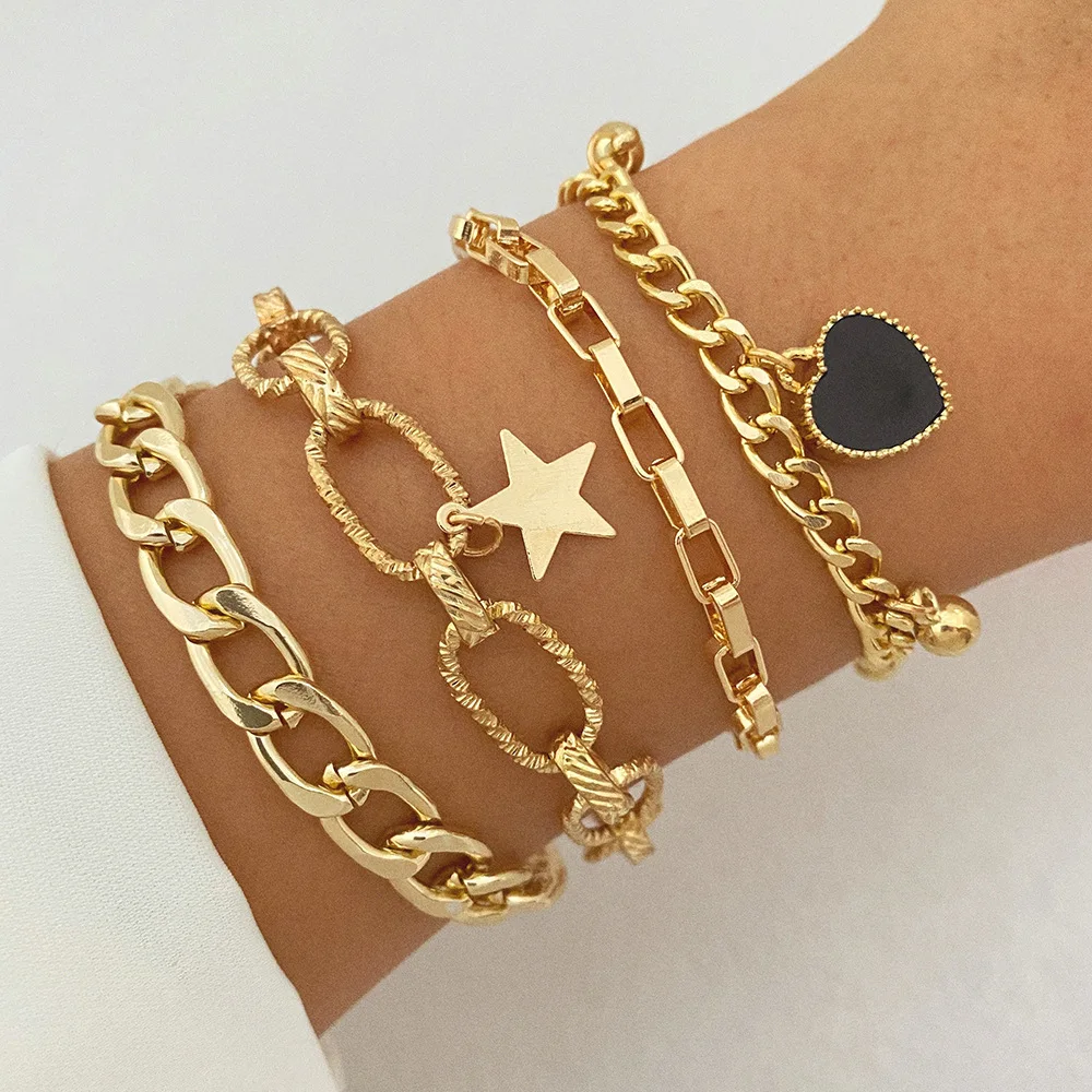 Bracelet Femme Plaqué Or Punk – Jonc, Cœur, Perle, Chaîne Cubaine & Tennis