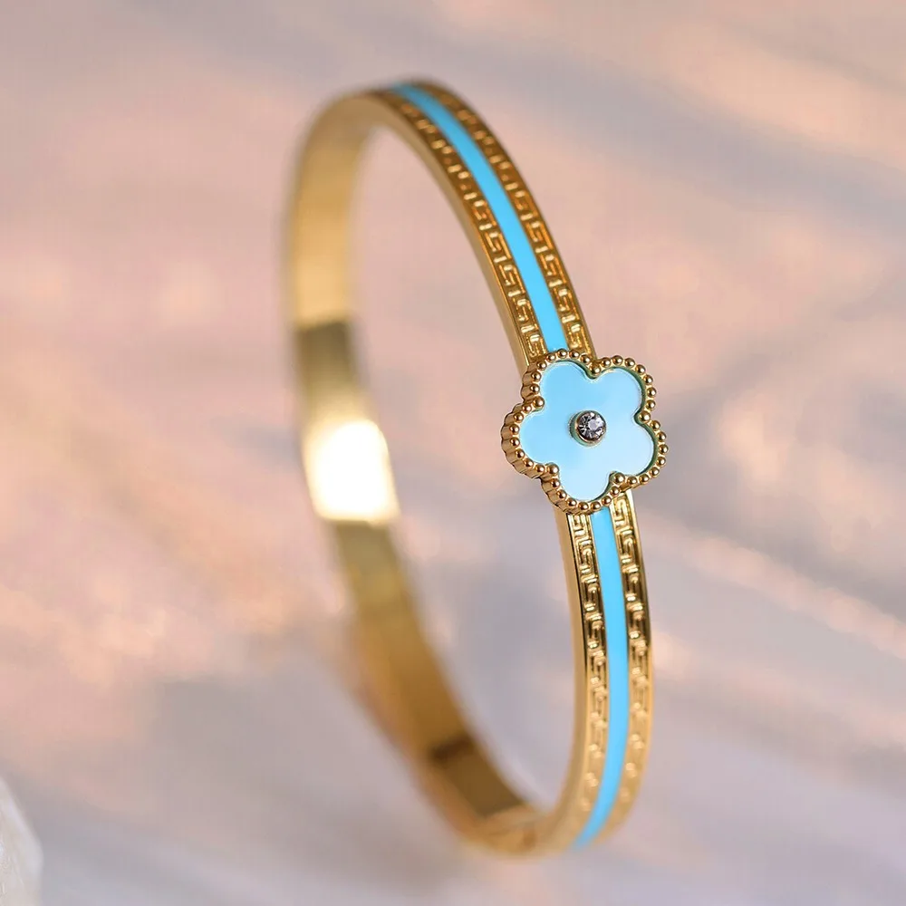 Bracelet Femme Acier Inoxydable Plaqué Or 18K Zircon Trèfle à 5 Feuilles – Style Luxe Vintage