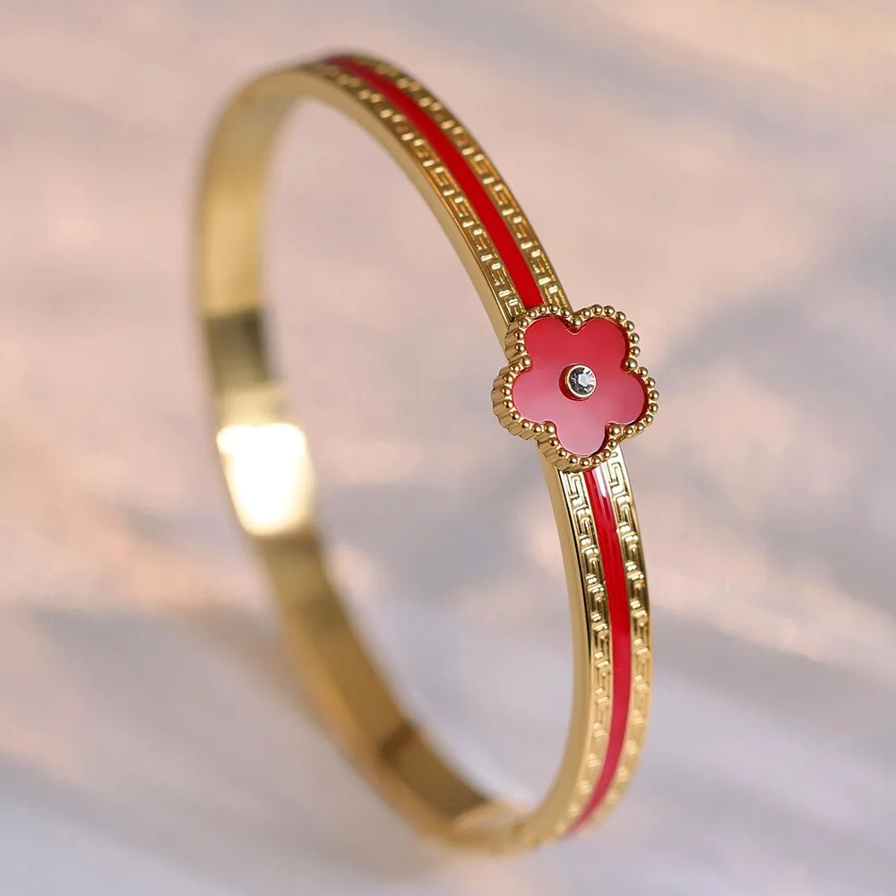 Bracelet Femme Acier Inoxydable Plaqué Or 18K Zircon Trèfle à 5 Feuilles – Style Luxe Vintage