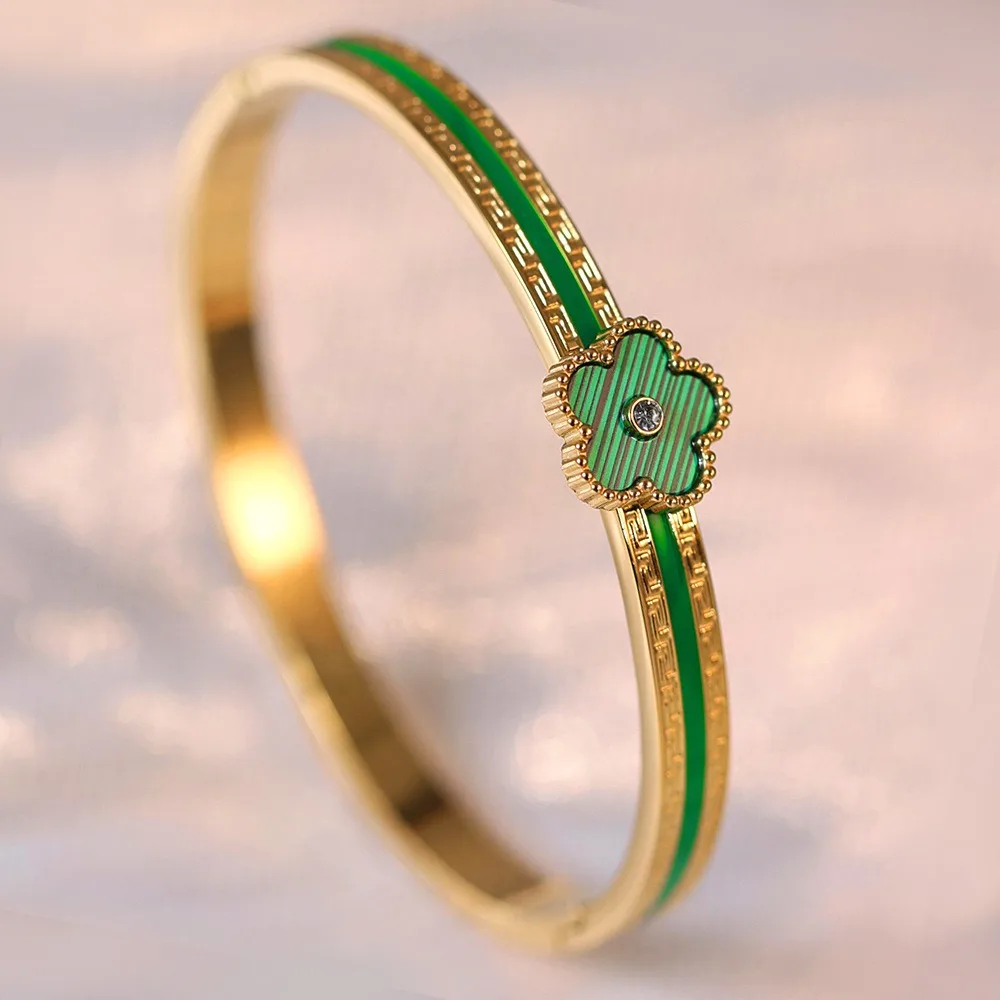 Bracelet Femme Acier Inoxydable Plaqué Or 18K Zircon Trèfle à 5 Feuilles – Style Luxe Vintage
