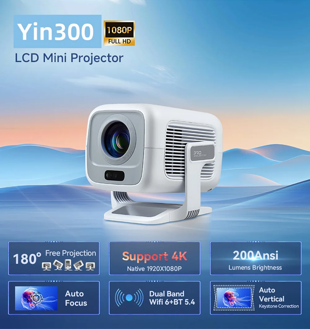 Yinzam YIN300 Mini Projecteur Full HD 1080p | WiFi6, BT5.4, Android 11, Focale Courte 0.8:1