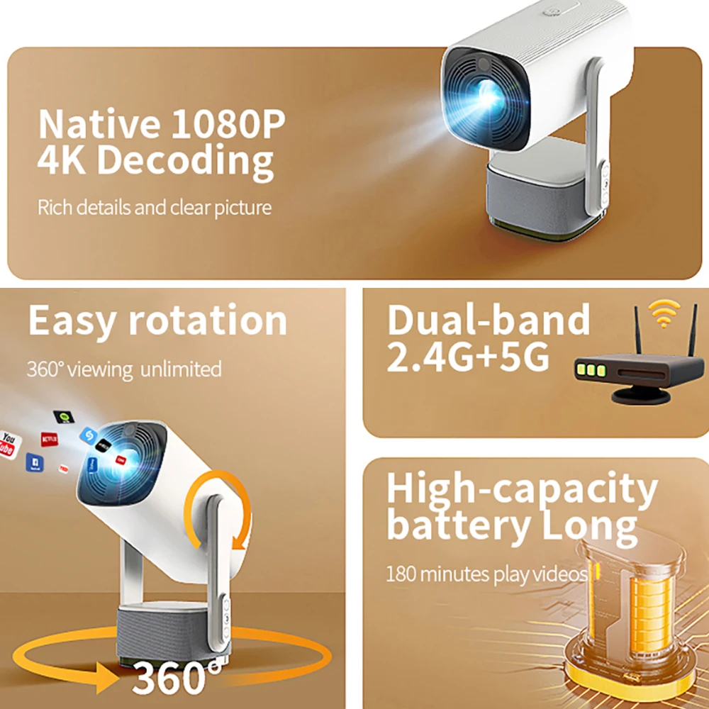 Projecteur Portable Yinzam K2 – 1080P Natif, 4K, Android 11, Batterie 3h, WiFi 6, 200 ANSI Lumens