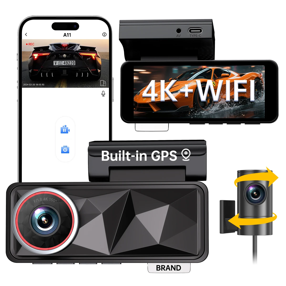 Caméra Dashcam Yinzam A11 4K Double Objectif GPS WiFi Vision Nocturne Sony STARVIS2 3,2"
