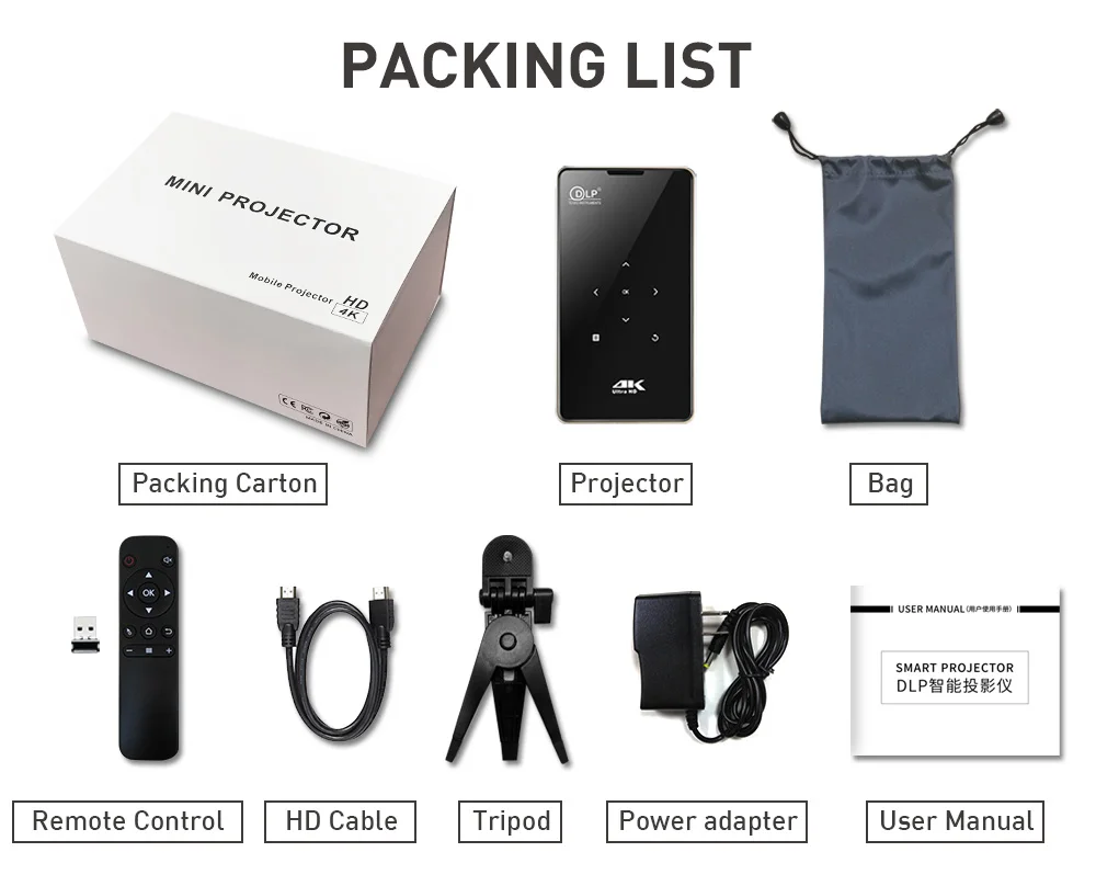 Yinzam P09 Mini Projecteur DLP Pico 4K Android 9 Batterie 5000mAh Portable