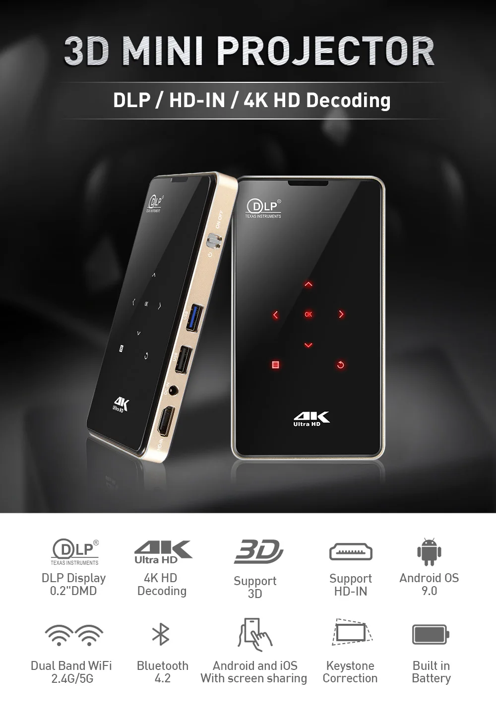Yinzam P09 Mini Projecteur DLP Pico 4K Android 9 Batterie 5000mAh Portable