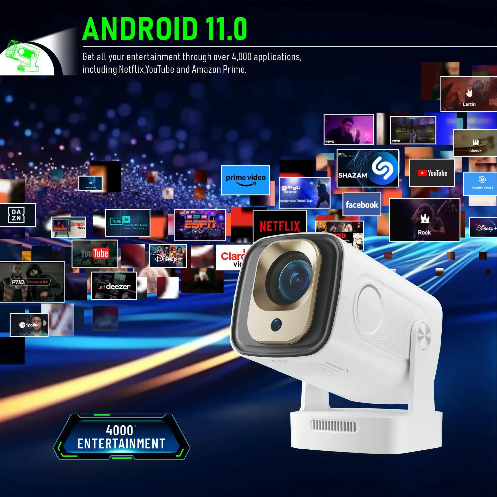 Projecteur Yinzam HY260 Pro 1080P/4K Android 11 - Courte Focale Wi-Fi Haut-Parleurs Intégrés