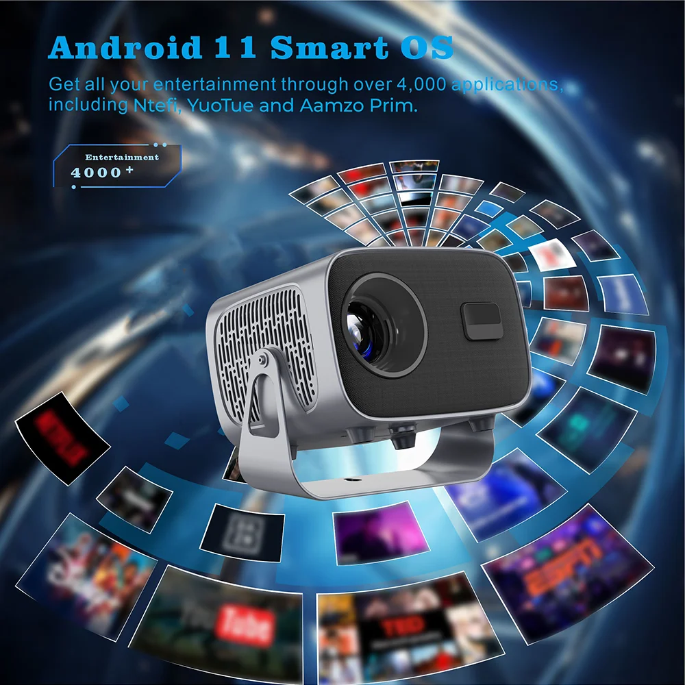 Projecteur A10 HD 720P Android 11 – 200 ANSI Lumens, WiFi, Haut-Parleur 5W, Écran 30-200"