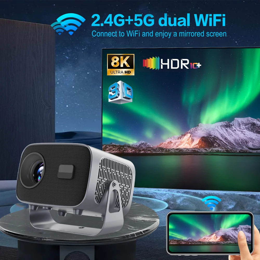 Projecteur A10 HD 720P Android 11 – 200 ANSI Lumens, WiFi, Haut-Parleur 5W, Écran 30-200"