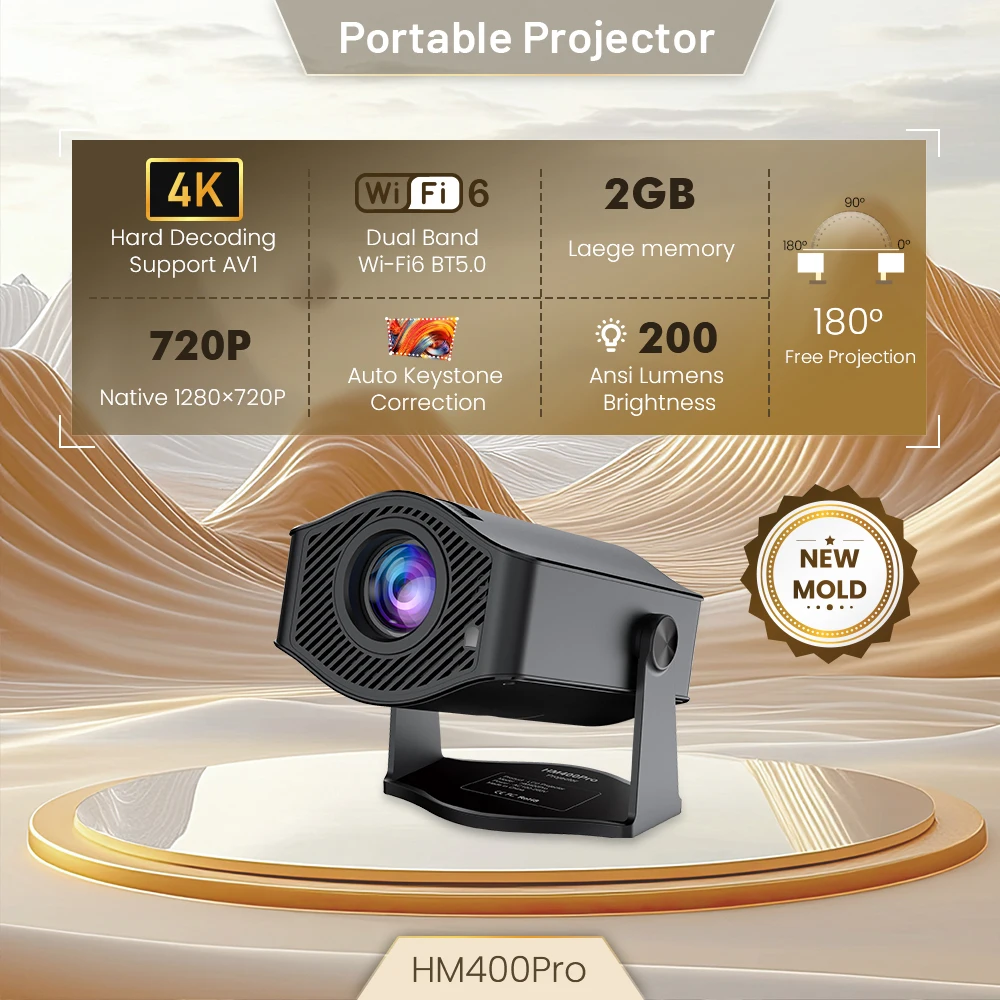 Mini-Projecteur HD 720P JUNUO HM400 Pro – WiFi, Android 11, Correction 4 Points, 120 ANSI Lumens