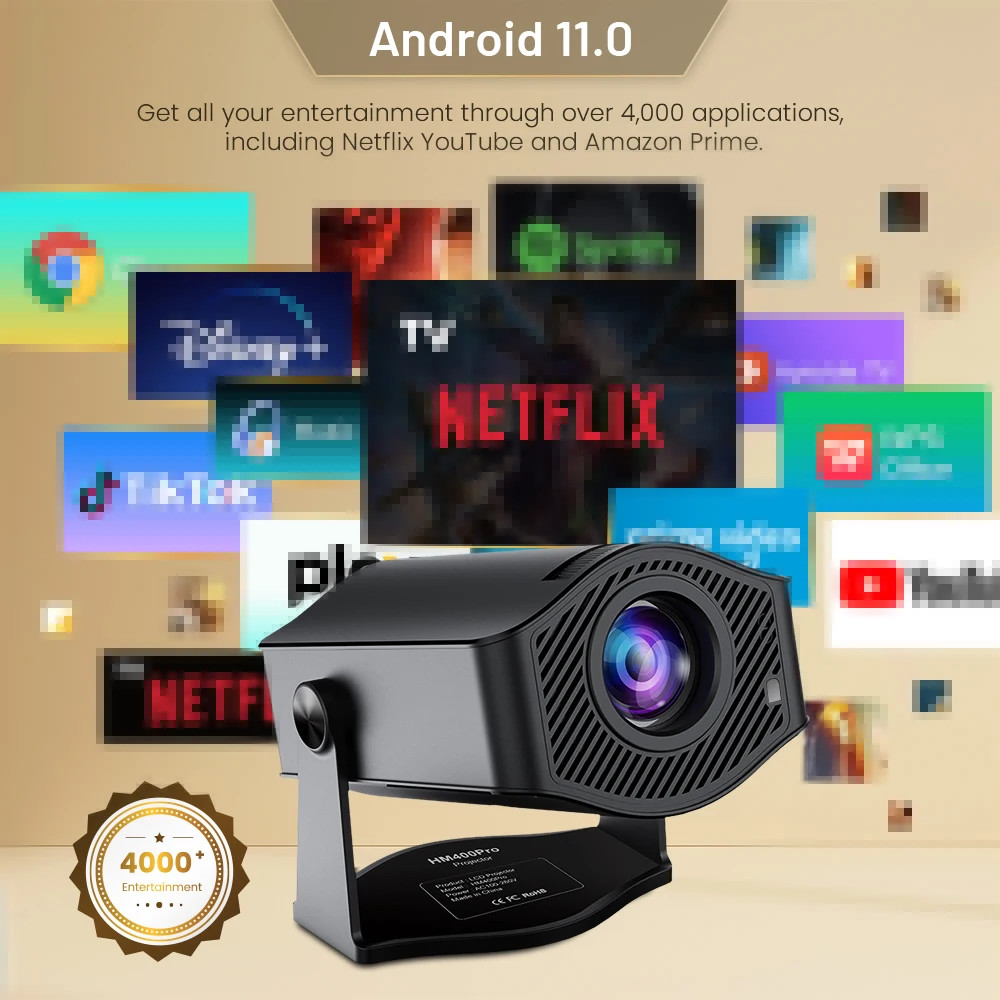 Mini-Projecteur HD 720P JUNUO HM400 Pro – WiFi, Android 11, Correction 4 Points, 120 ANSI Lumens