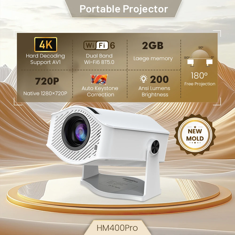 Mini Projecteur Intelligent HM400Pro 720P WiFi 6 Android 11 – Cinéma Maison Portable