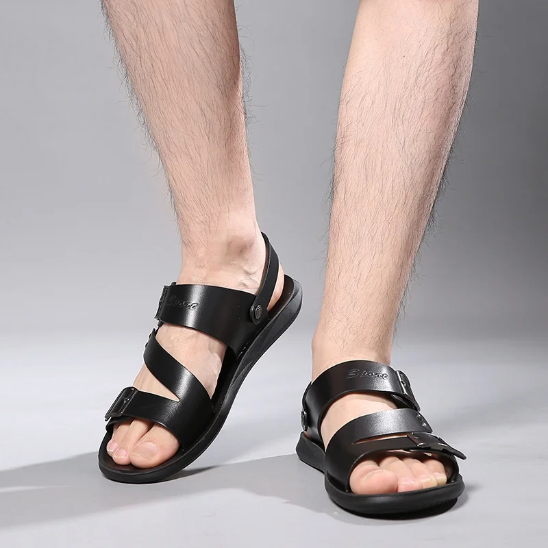 Sandales homme cuir véritable antidérapantes respirantes – Tongs plage & ville grande taille