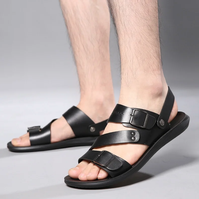 Sandales homme cuir véritable antidérapantes respirantes – Tongs plage & ville grande taille