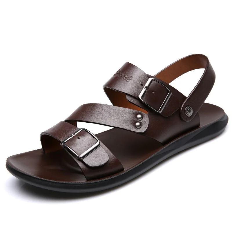 Sandales homme cuir véritable antidérapantes respirantes – Tongs plage & ville grande taille