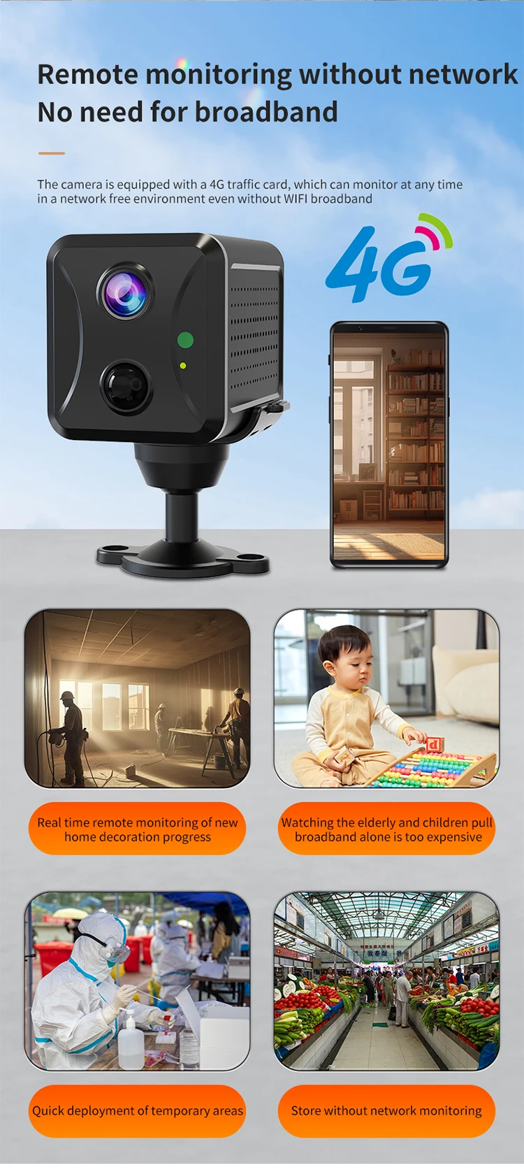 Caméra WiFi 4G 1080P Sans Fil – Vision Nocturne, Détection PIR & Audio Bidirectionnel BAYAO R9