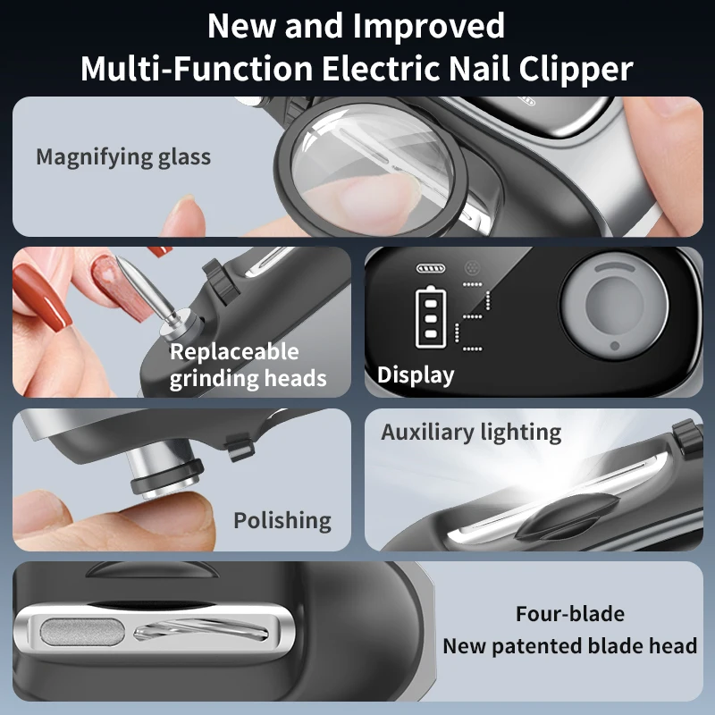 Coupe-ongles Intelligent Multifonction 4-en-1 avec Loupe, Éclairage LED & Aspiration Automatique