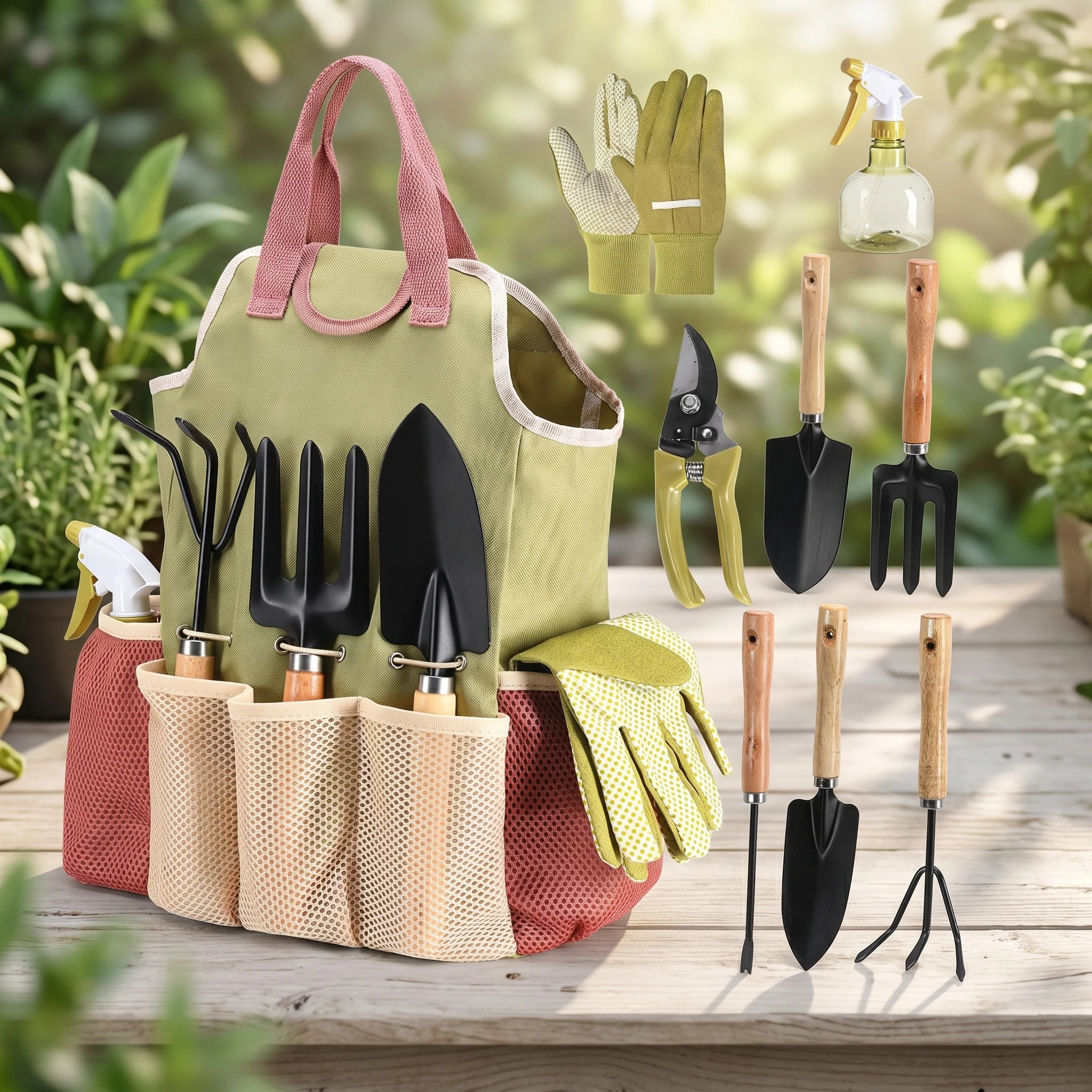 Kit d'outils de jardinage 5 pièces – Truelle, râteau, sécateur, gants & pulvérisateur