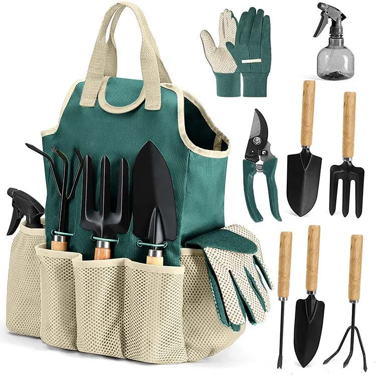 Kit d'outils de jardinage 5 pièces – Truelle, râteau, sécateur, gants & pulvérisateur