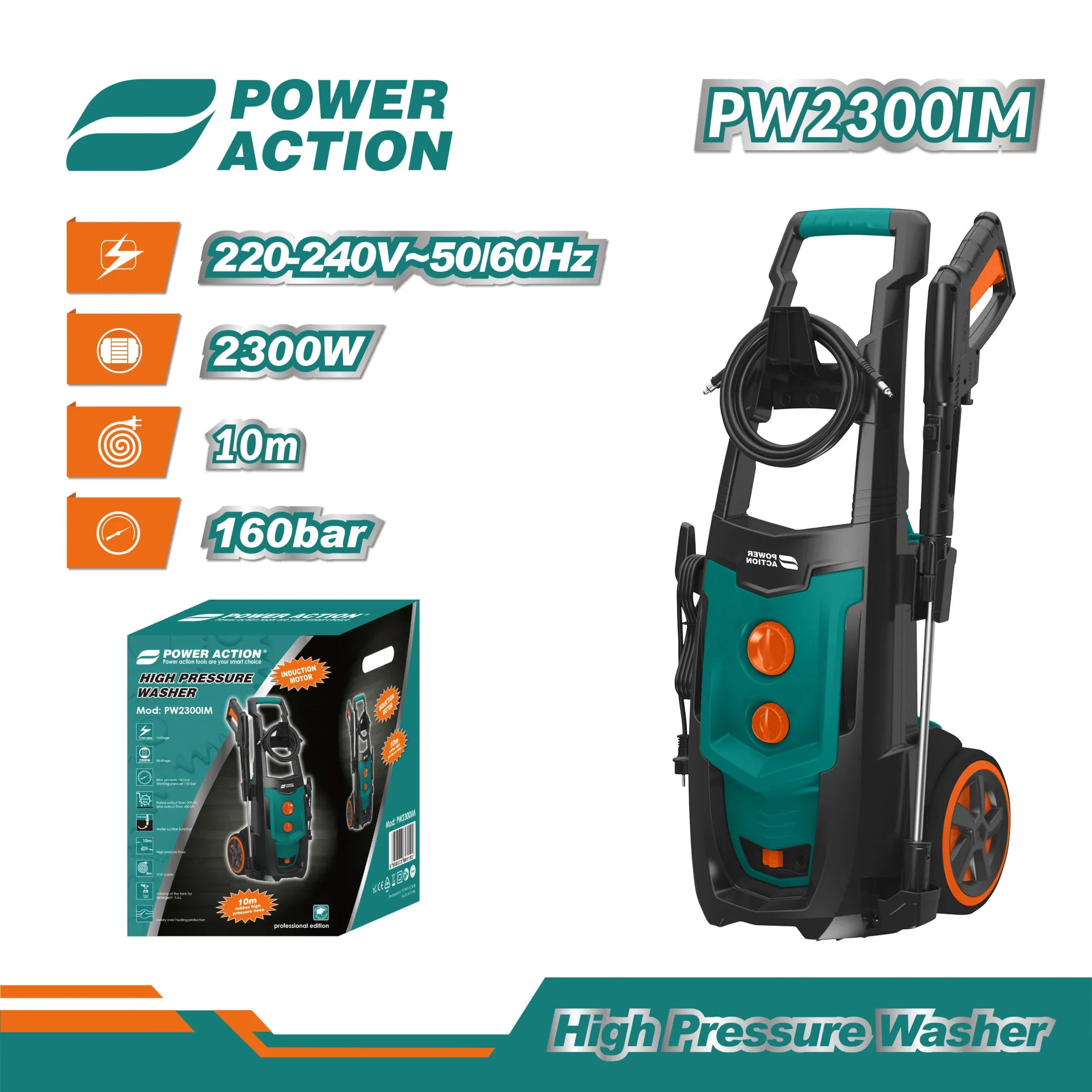 Nettoyeur Haute Pression Power Action PW1900 – 1900W, Moteur à Induction, IPX5